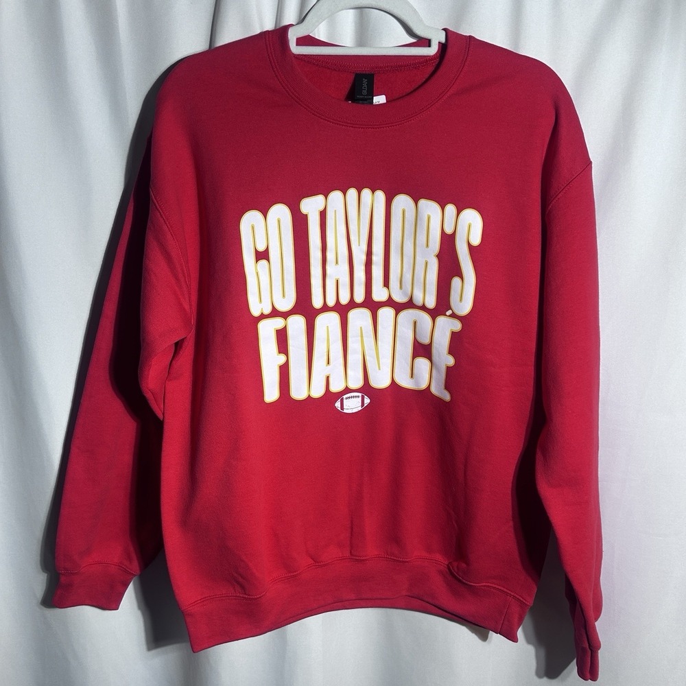 Go Taylor's Fiance Red Unisex Crewneck Swiftie Sweatshirt, Chiefs Football, Sz M